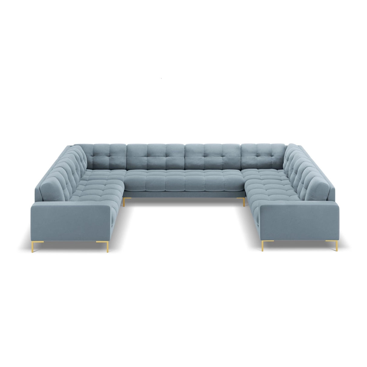 Bali 9-Sitzer Panorama Sofa aus Samt in Hellblau (Bluvel 06), Beine in Goldmetall, 327x256x75 cm von Cosmopolitan Design – Bild 3