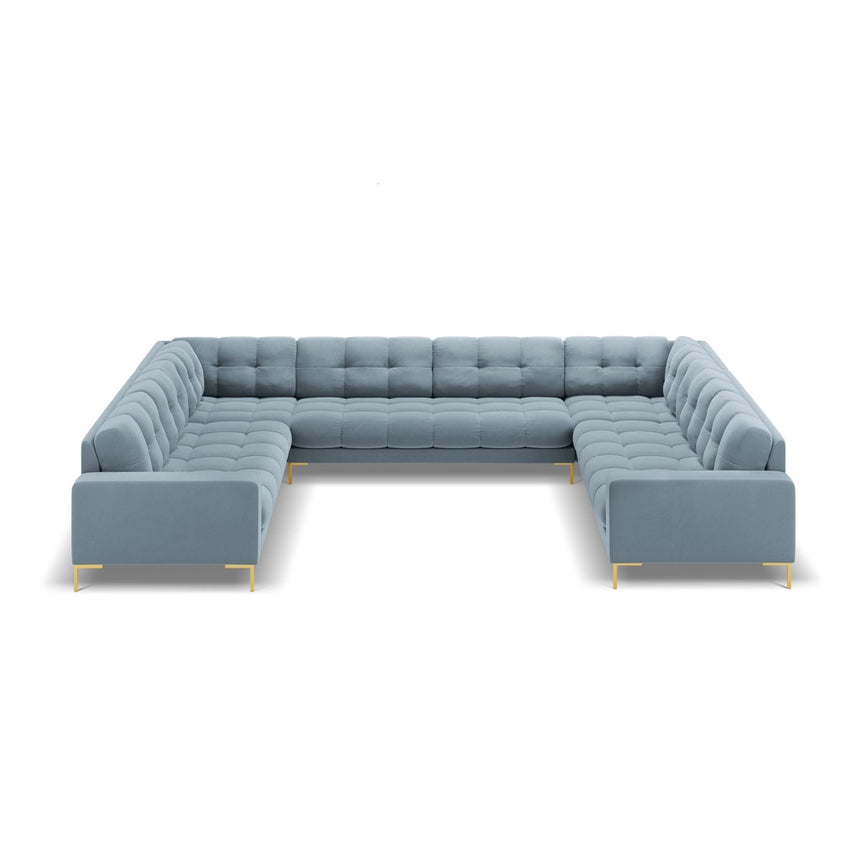 Bali 9-Sitzer Panorama Sofa aus Samt in Hellblau (Bluvel 06), Beine in Goldmetall, 327x256x75 cm von Cosmopolitan Design – Bild 3