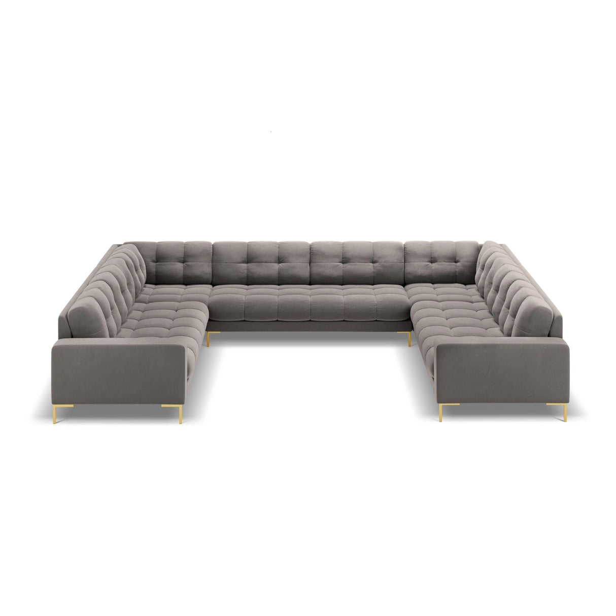 Bali 9-Sitzer Panorama Sofa aus Samt in Hellgrau (Bluvel 13), Beine in Goldmetall, 327x256x75 cm von Cosmopolitan Design – Bild 3