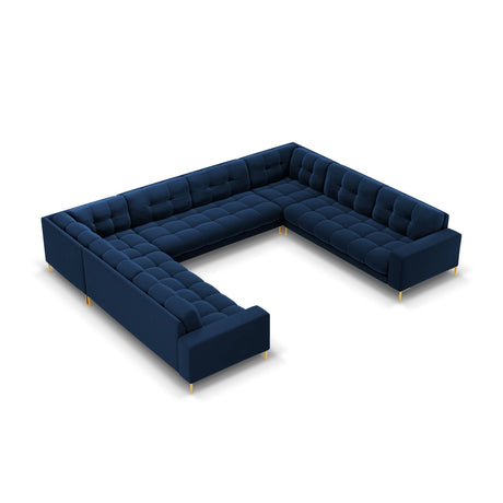 Bali 9-Sitzer Panorama Sofa aus Samt in Königsblau (Bluvel 86), Beine in Goldmetall, 327x256x75 cm von Cosmopolitan Design – Bild 1