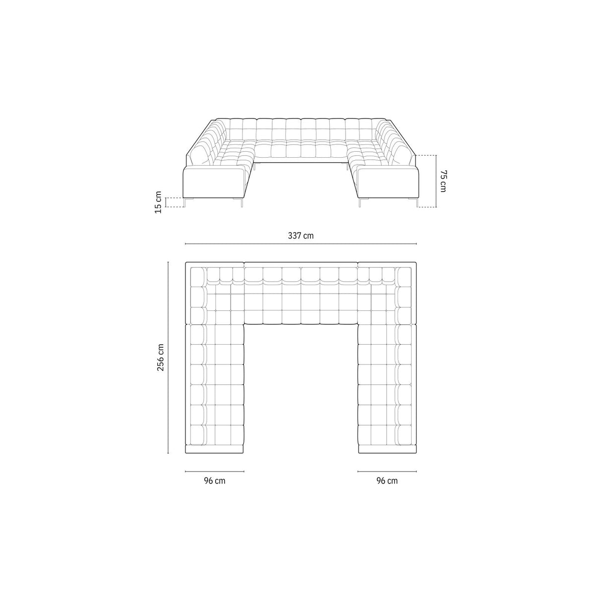 Bali 9-Sitzer Panorama Sofa aus Samt in Königsblau (Bluvel 86), Beine in Goldmetall, 327x256x75 cm von Cosmopolitan Design – Bild 2