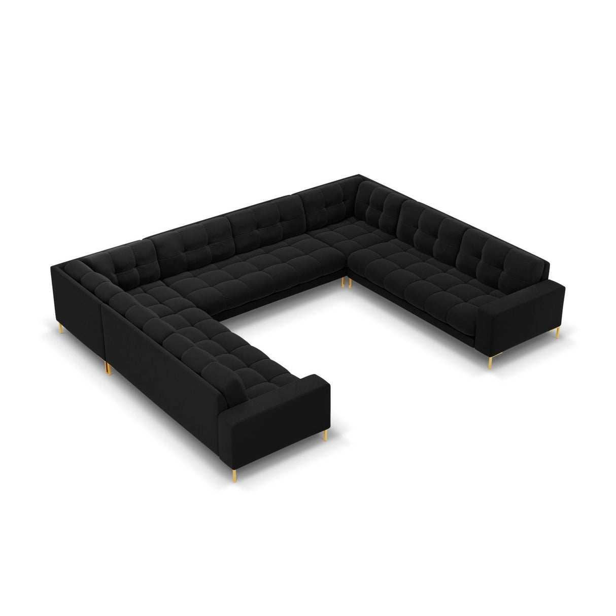 Bali 9-Sitzer Panorama Sofa aus Samt in Schwarz (Bluvel 19), Beine in Goldmetall, 327x256x75 cm von Cosmopolitan Design – Bild 1