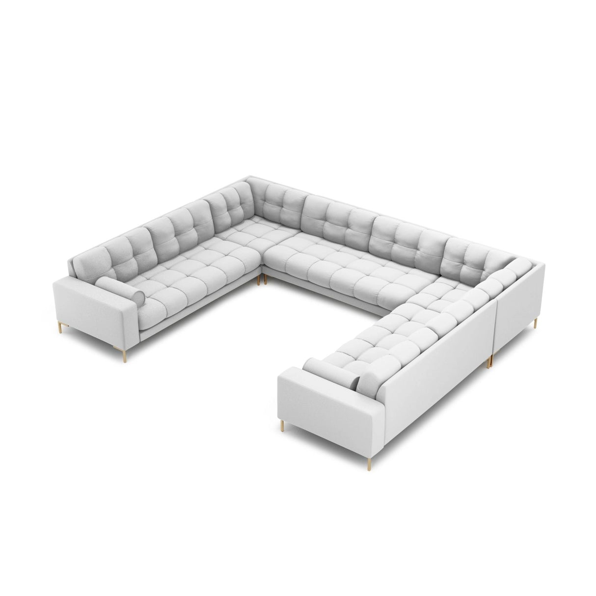 Bali 9-Sitzer Panorama Sofa aus Strukturierter Stoff in Hellgrau (Neve 80), Beine in Goldmetall, 327x256x75 cm von Cosmopolitan Design – Bild 1