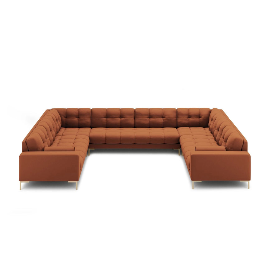 Bali 9-Sitzer Panorama Sofa aus Strukturierter Stoff in Ziegelstein (Neve 52), Beine in Goldmetall, 327x256x75 cm von Cosmopolitan Design – Bild 3