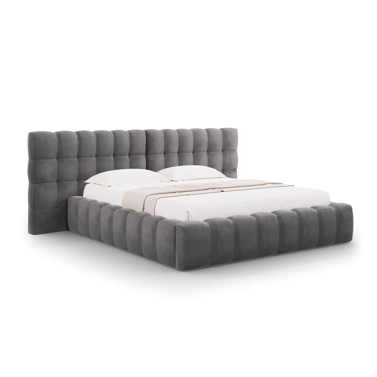 Bali Bett mit Doppelkopfteil und Stauraum, aus Samt (Blu14) in Grau, 160x200 cm von Cosmopolitan Design – Bild 1