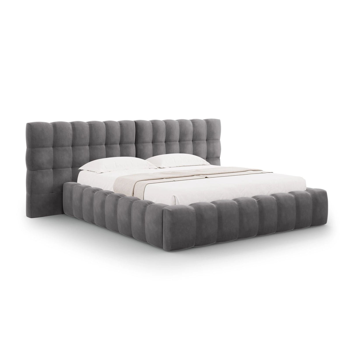 Bali Bett mit Doppelkopfteil und Stauraum, aus Samt (Blu14) in Grau, 200x200 cm von Cosmopolitan Design – Bild 1