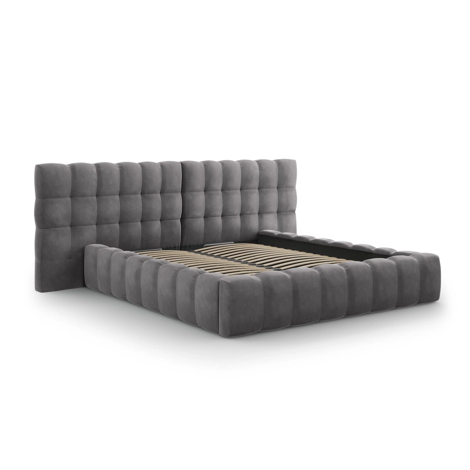 Bali Bett mit Doppelkopfteil und Stauraum, aus Samt (Blu14) in Grau, 200x200 cm von Cosmopolitan Design – Bild 4