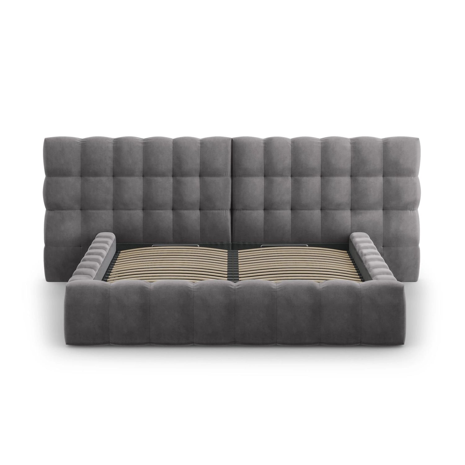 Bali Bett mit Doppelkopfteil und Stauraum, aus Samt (Blu14) in Grau, 200x200 cm von Cosmopolitan Design – Bild 5
