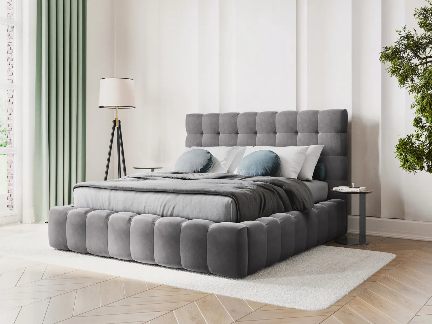 Bali Bett mit Kopfteil und Stauraum, aus Samt (Blu14) in Grau, 180x200 cm von Cosmopolitan Design – Bild 2