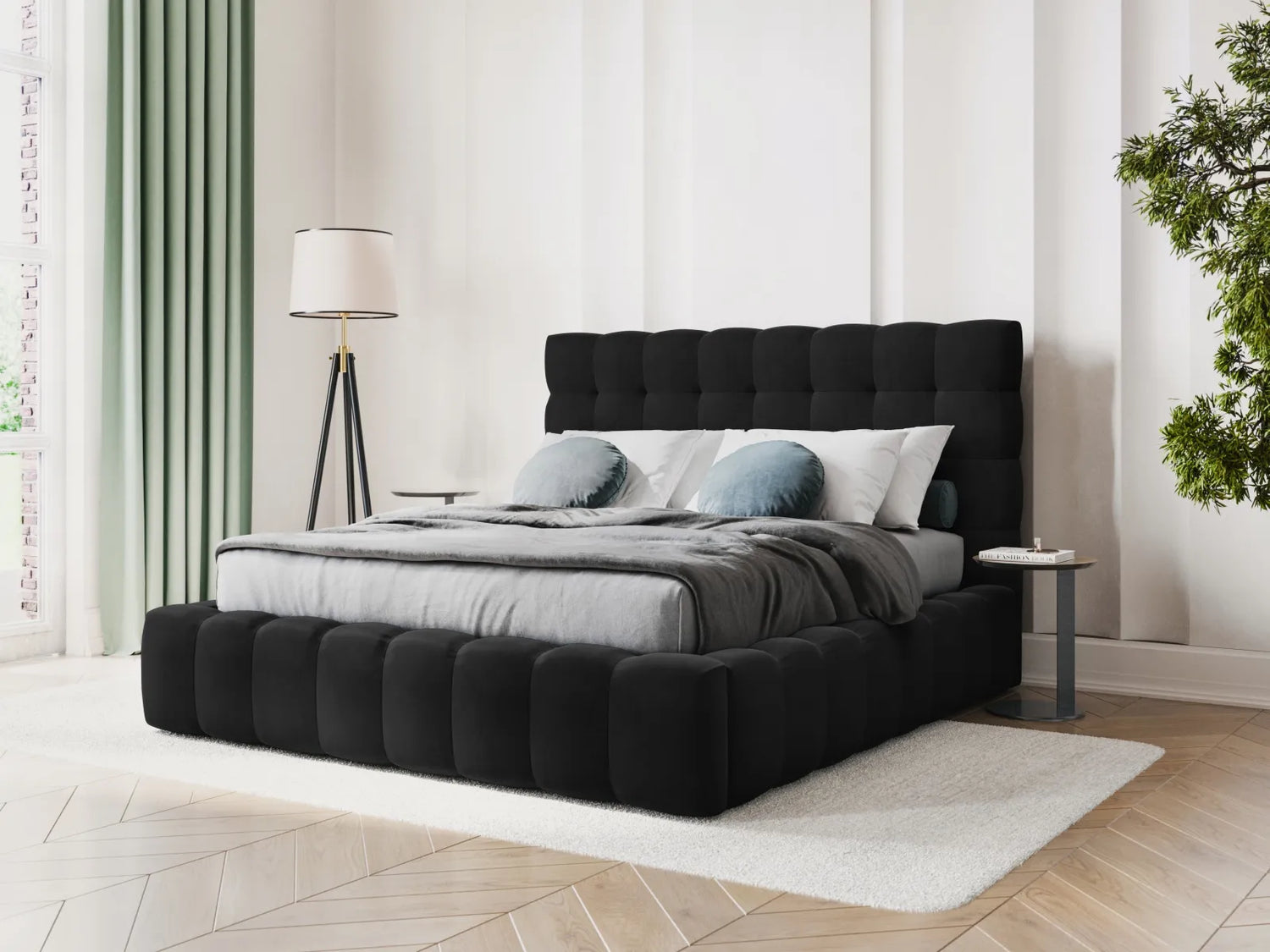 Bali Bett mit Kopfteil und Stauraum, aus Samt (Blu19) in Schwarz, 180x200 cm von Cosmopolitan Design – Bild 2