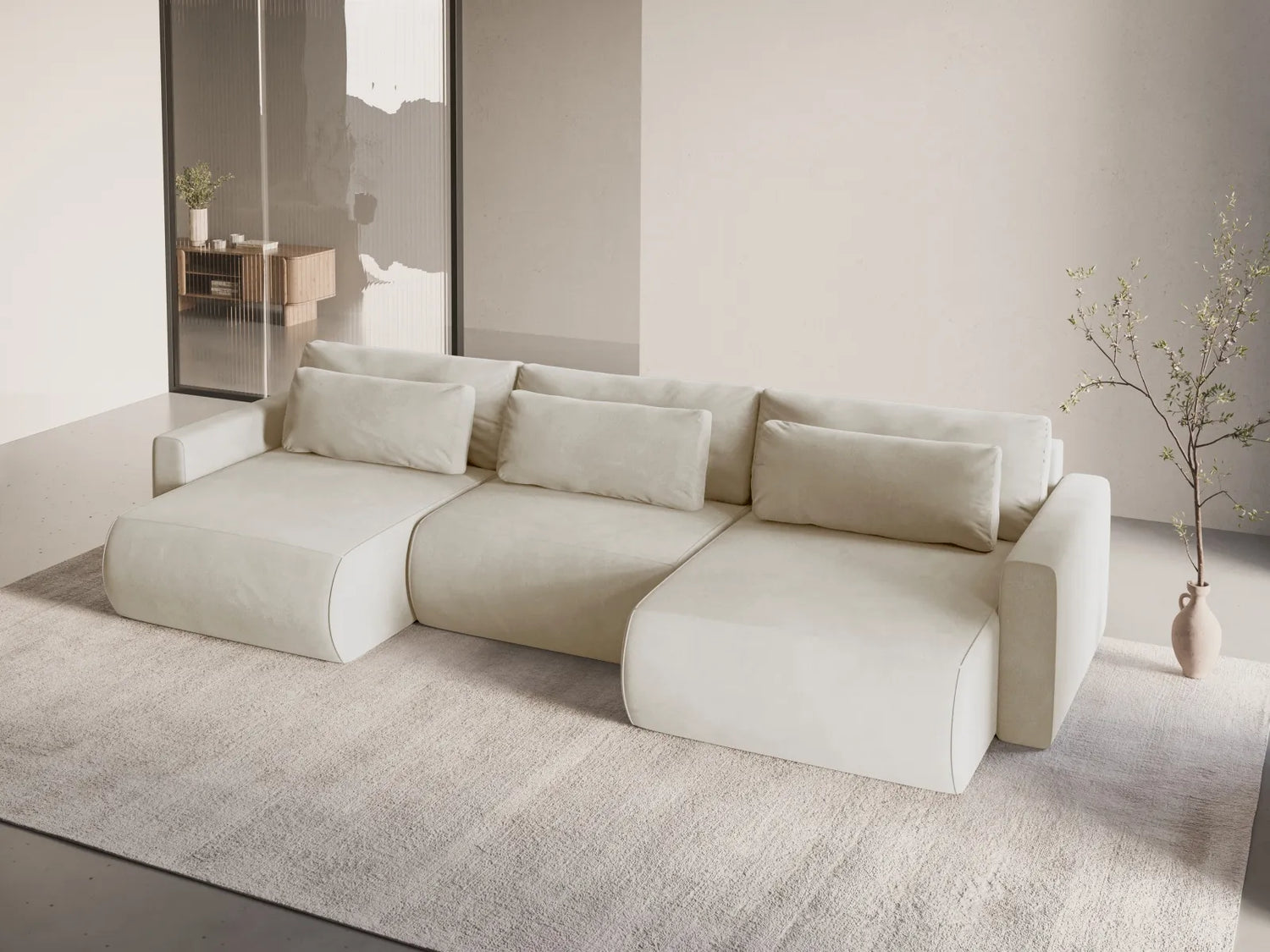 Belfast 4-Sitzer Panoramasofa mit Schlaffunktion, ausklappbar, aus Samt in Elfenbein (Magic Velvet 2256), 340x149 cm von Cosmopolitan Design – Bild 2
