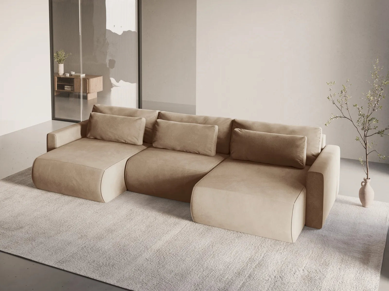 Belfast 4-Sitzer Panoramasofa mit Schlaffunktion, ausklappbar, aus Samt in Mandelbeige (Magic Velvet 2282), 340x149 cm von Cosmopolitan Design – Bild 2