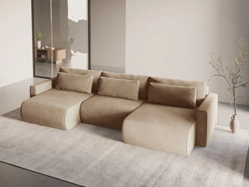 Belfast 4-Sitzer Panoramasofa mit Schlaffunktion, ausklappbar, aus Samt in Mandelbeige (Magic Velvet 2282), 340x149 cm von Cosmopolitan Design – Bild 2
