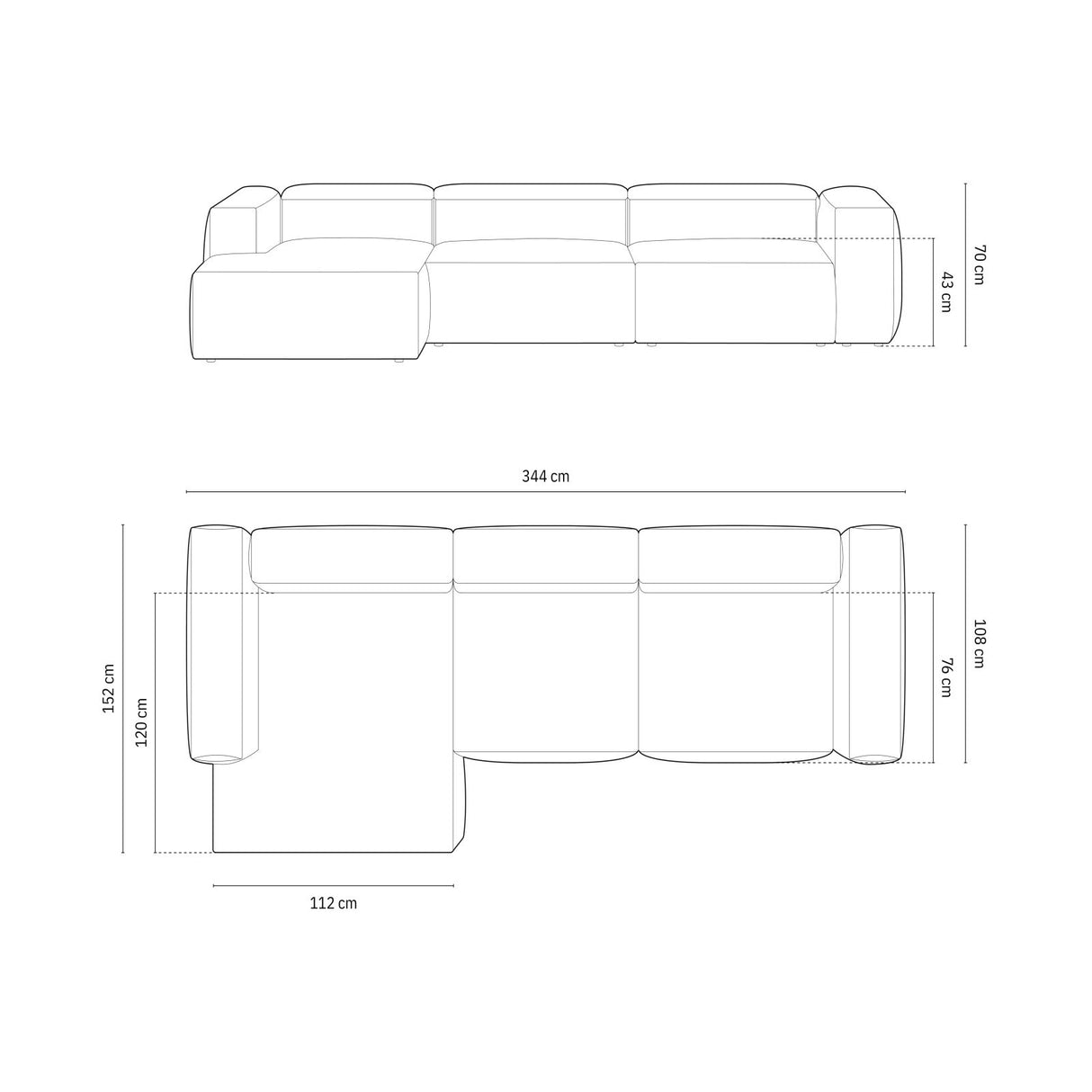 Bergamo 4-Sitzer Ecksofa, Linke Seite, aus Cord in Gedämpftes Blau (Perla 45), 344x152x70 cm von Cosmopolitan Design – Bild 3