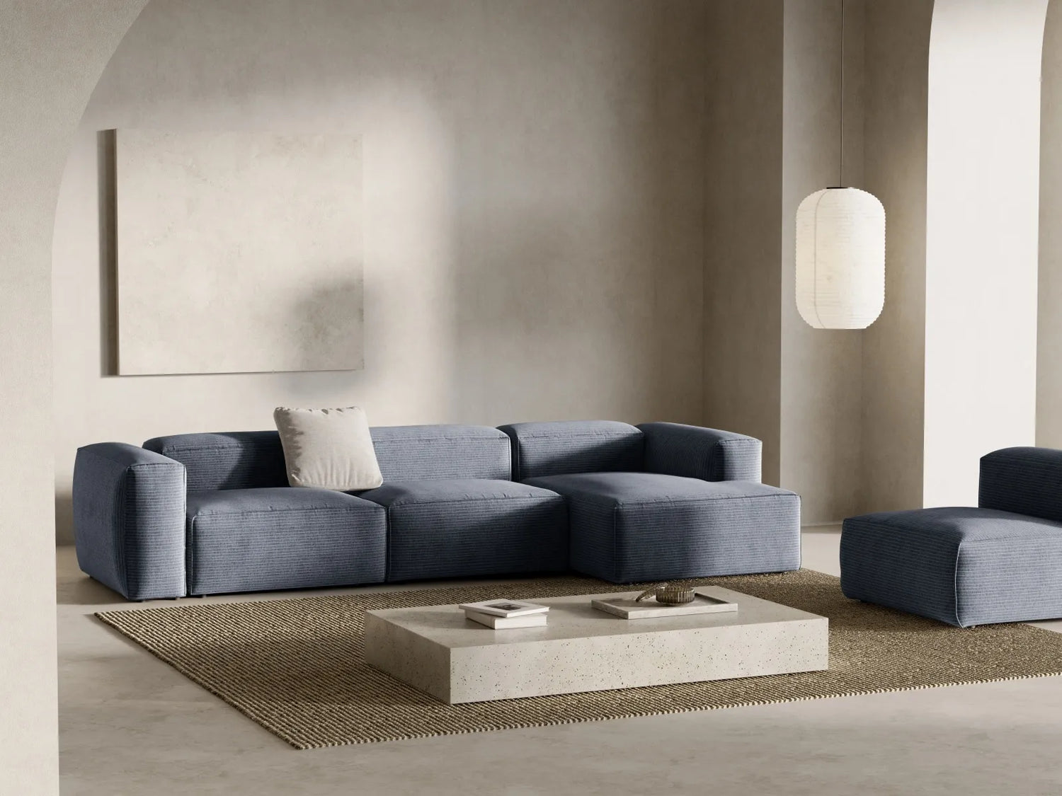 Bergamo 4-Sitzer Ecksofa, Rechte Seite, aus Cord in Gedämpftes Blau (Perla 45), 344x152x70 cm von Cosmopolitan Design – Bild 2