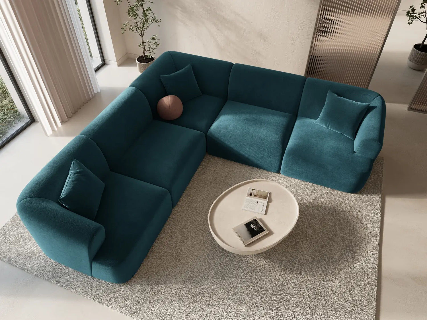 Campi 6-Sitzer Ecksofa, symmetrisch, aus Samt in Tiefes Petrol (Vogue 13), 255x255x70 cm von Cosmopolitan Design – Bild 2