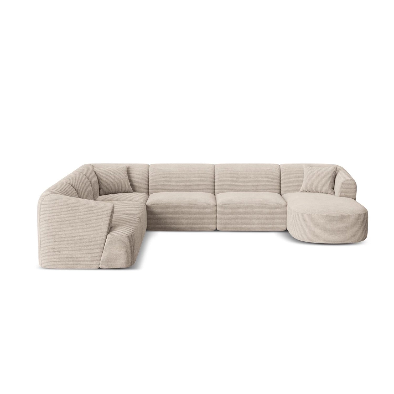 Campi 7-Sitzer Panorama Ecksofa, Linke Seite, aus Cord in Cappuccino (Lincoln 09D), Beine aus Schwarzes Plastik, 330x255x70 cm von Cosmopolitan Design – Bild 1