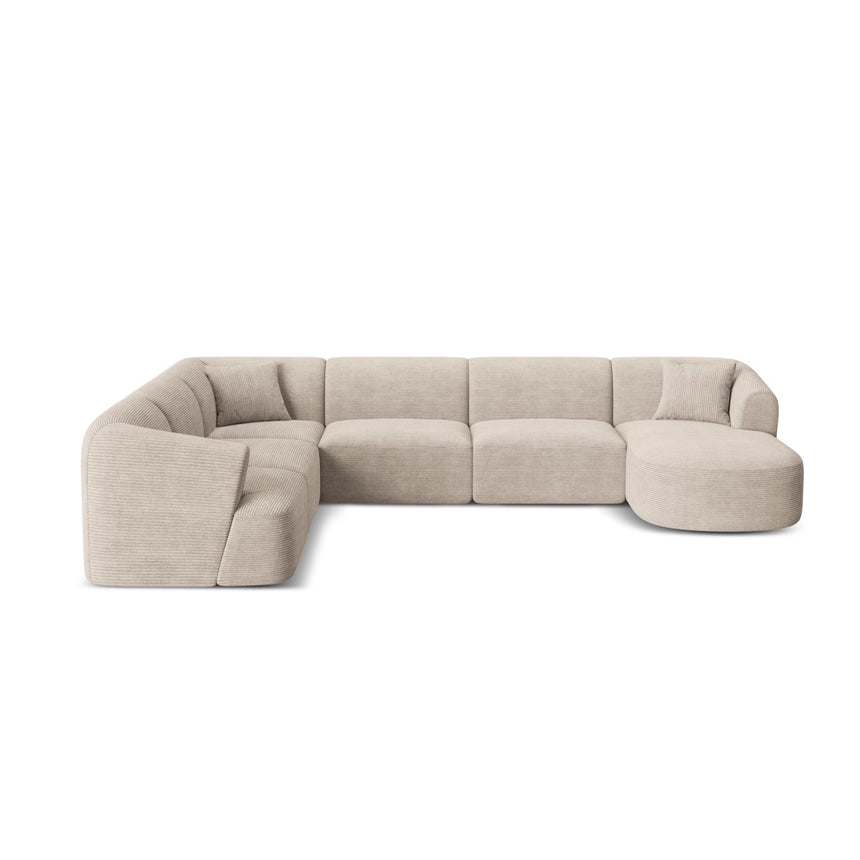 Campi 7-Sitzer Panorama Ecksofa, Linke Seite, aus Cord in Cappuccino (Lincoln 09D), Beine aus Schwarzes Plastik, 330x255x70 cm von Cosmopolitan Design – Bild 1