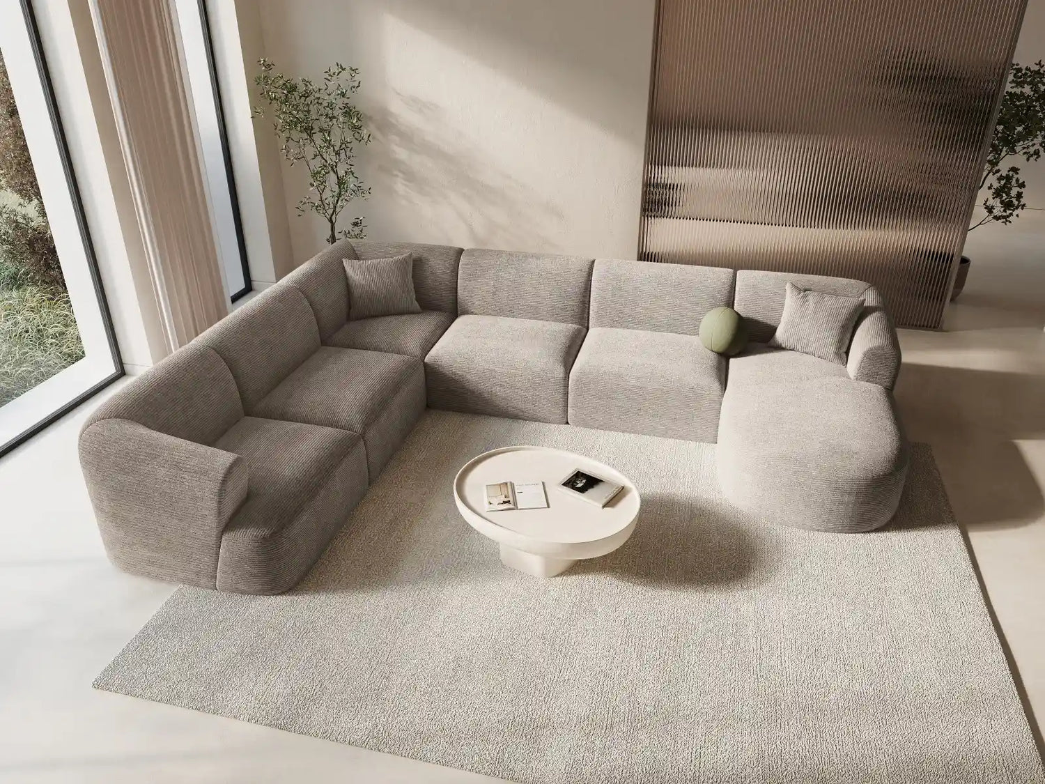Campi 7-Sitzer Panorama Ecksofa, Linke Seite, aus Cord in Cappuccino (Lincoln 09D), Beine aus Schwarzes Plastik, 330x255x70 cm von Cosmopolitan Design – Bild 2