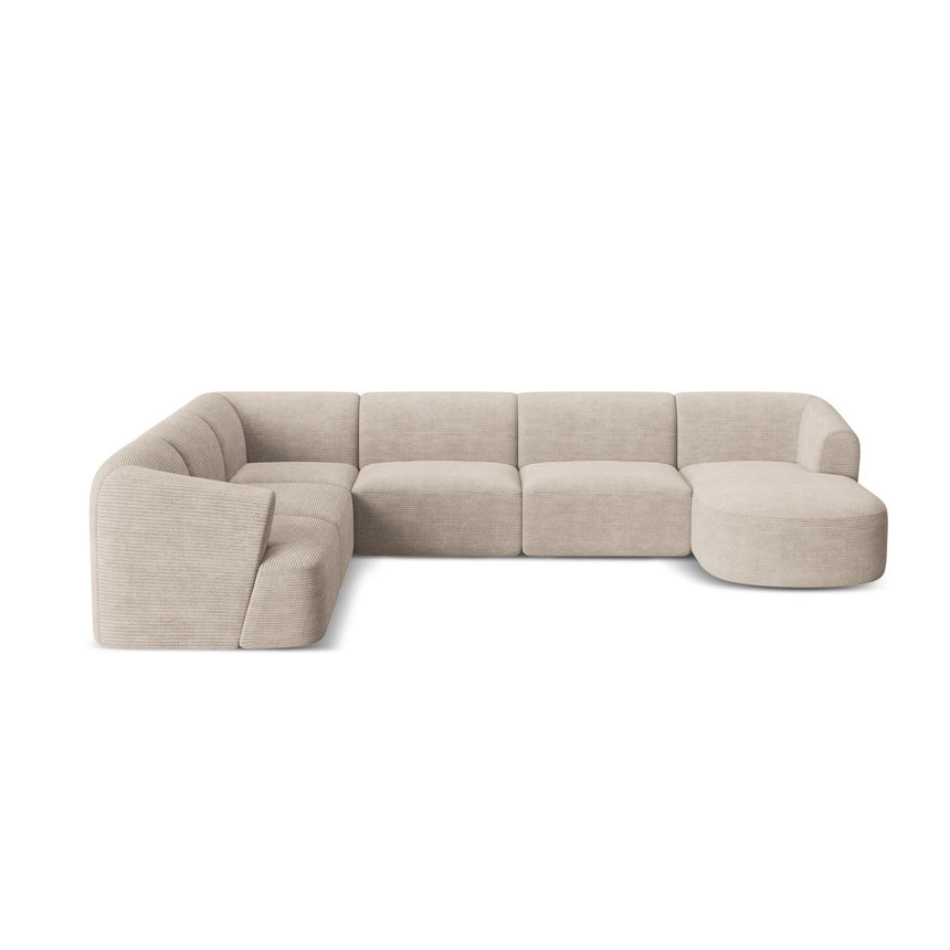 Campi 7-Sitzer Panorama Ecksofa, Linke Seite, aus Cord in Cappuccino (Lincoln 09D), Beine aus Schwarzes Plastik, 330x255x70 cm von Cosmopolitan Design – Bild 5
