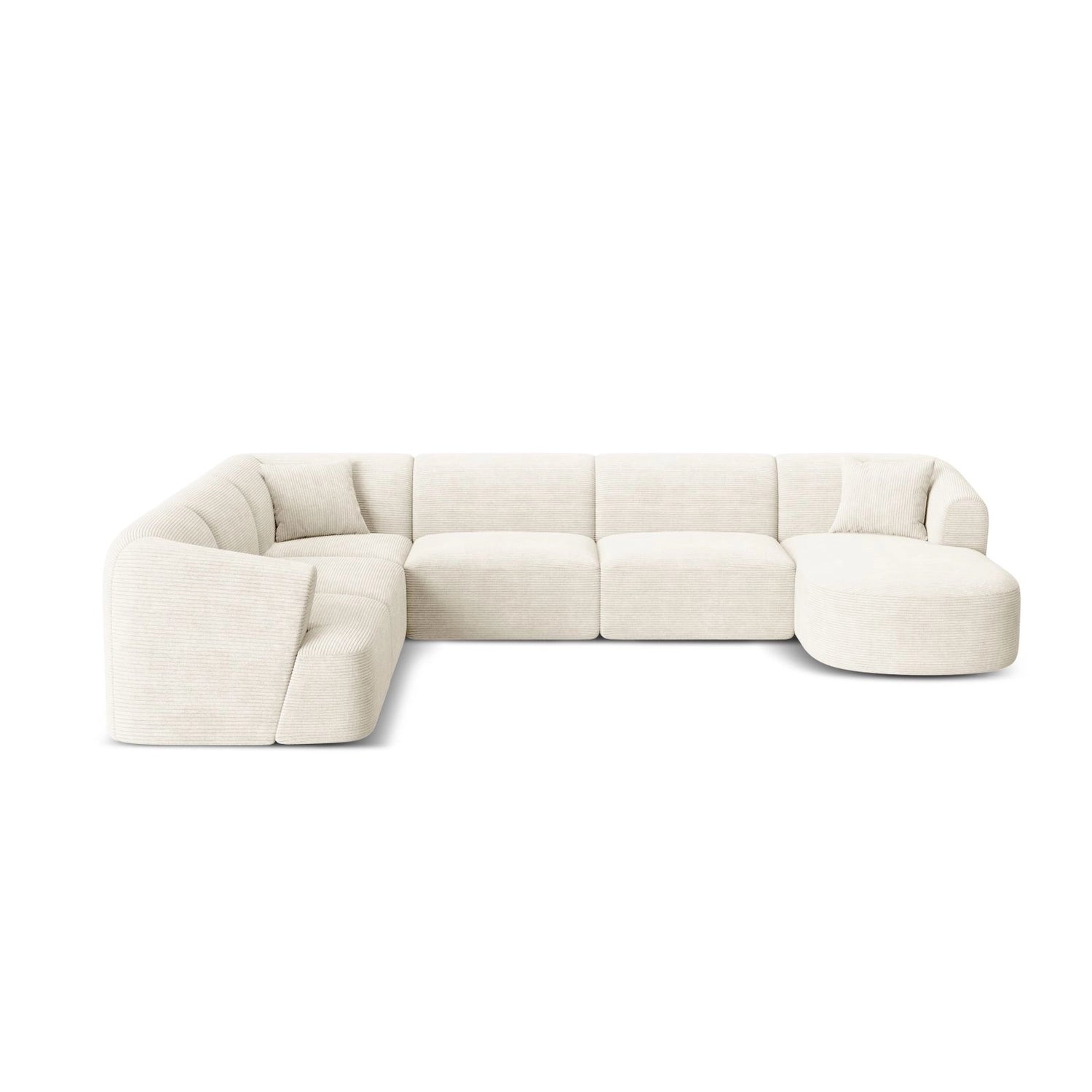 Campi 7-Sitzer Panorama Ecksofa, Linke Seite, aus Cord in Elfenbein (Lincoln 01D), Beine aus Schwarzes Plastik, 330x255x70 cm von Cosmopolitan Design – Bild 1