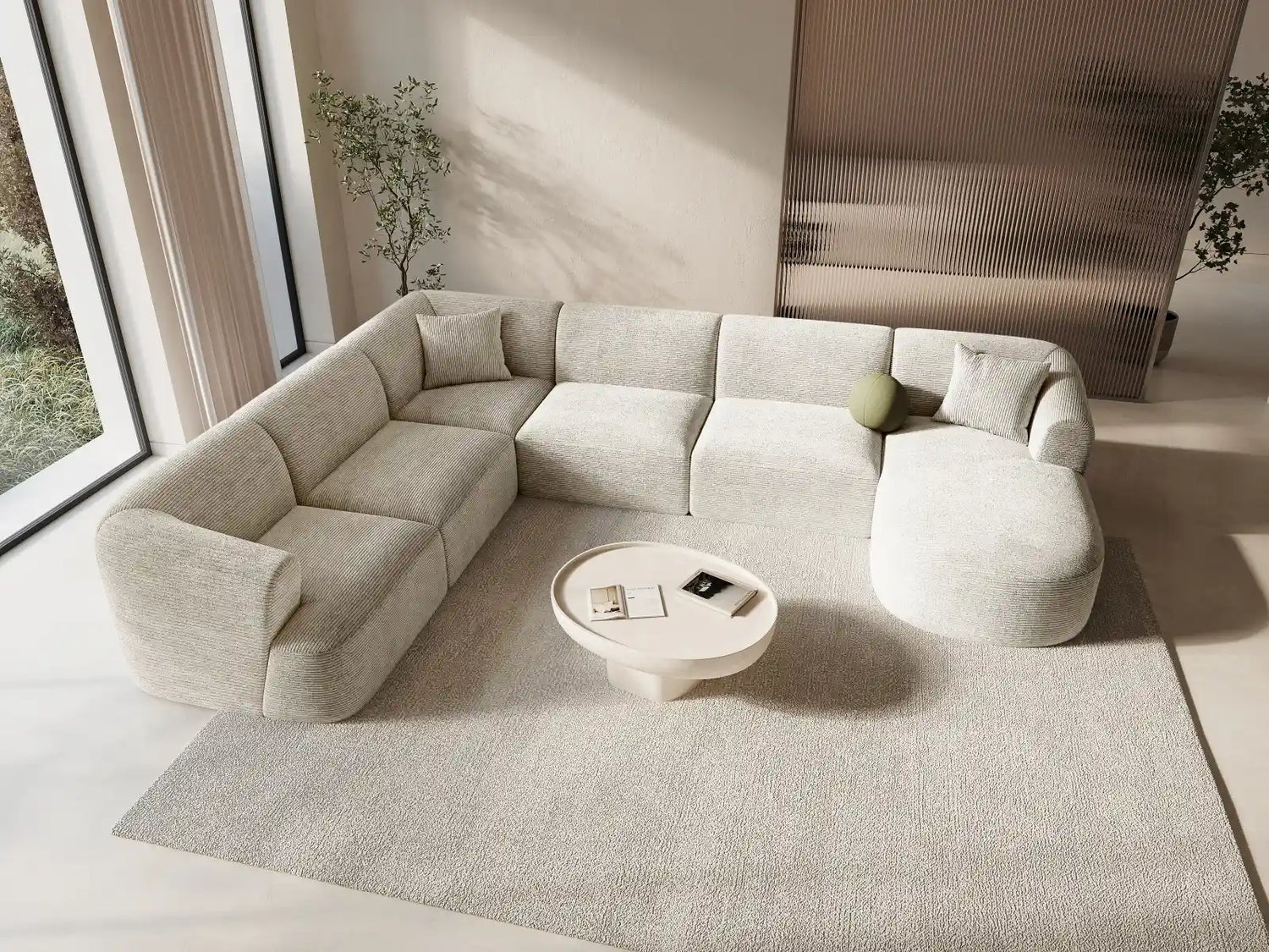 Campi 7-Sitzer Panorama Ecksofa, Linke Seite, aus Cord in Elfenbein (Lincoln 01D), Beine aus Schwarzes Plastik, 330x255x70 cm von Cosmopolitan Design – Bild 2