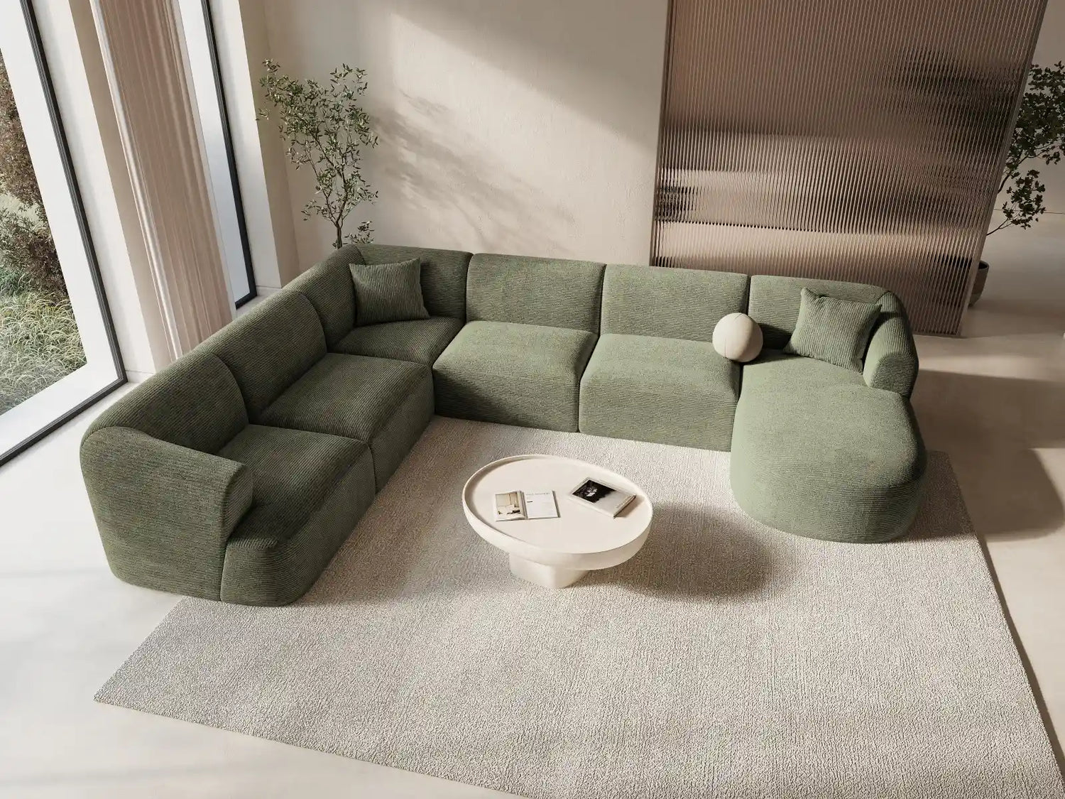 Campi 7-Sitzer Panorama Ecksofa, Linke Seite, aus Cord in Moosgrün (Lincoln 37D), Beine aus Schwarzes Plastik, 330x255x70 cm von Cosmopolitan Design – Bild 2