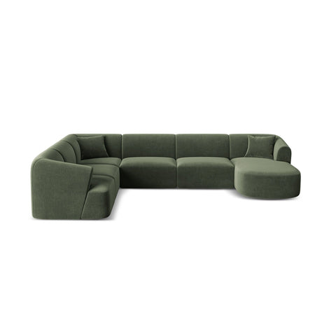 Campi 7-Sitzer Panorama Ecksofa, Linke Seite, aus Samt in Grün (Vogue 11), Beine aus Schwarzes Plastik, 330x255x70 cm von Cosmopolitan Design – Bild 1