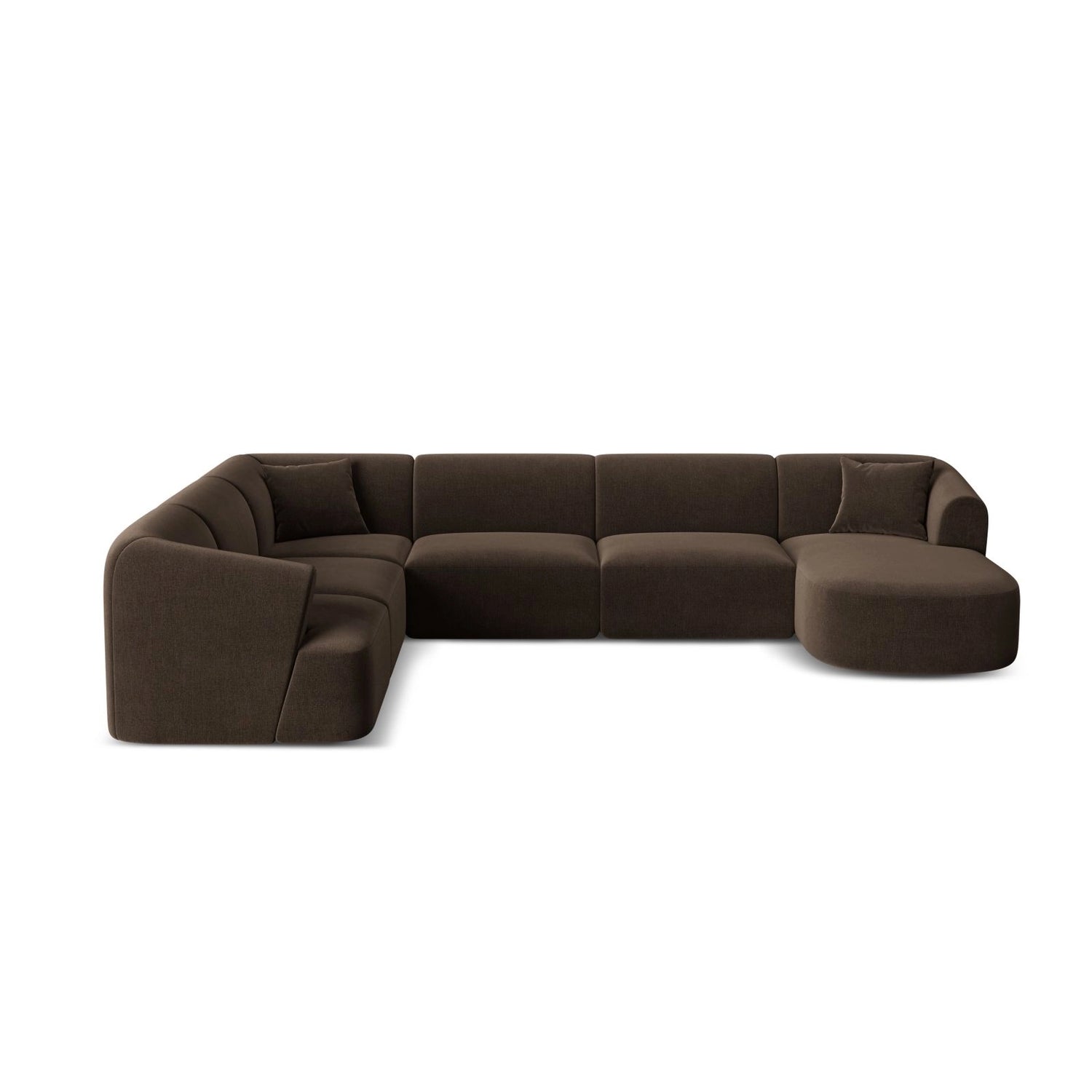 Campi 7-Sitzer Panorama Ecksofa, Linke Seite, aus Samt in Schokolade (Vogue 6), Beine aus Schwarzes Plastik, 330x255x70 cm von Cosmopolitan Design – Bild 1