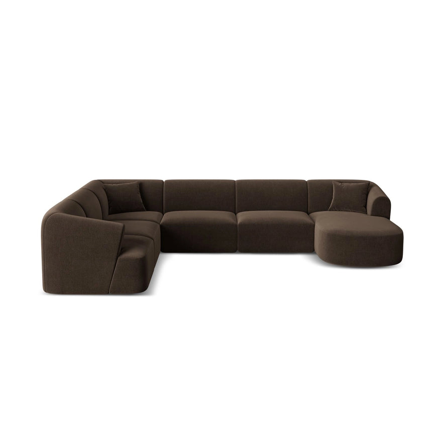 Campi 7-Sitzer Panorama Ecksofa, Linke Seite, aus Samt in Schokolade (Vogue 6), Beine aus Schwarzes Plastik, 330x255x70 cm von Cosmopolitan Design – Bild 1