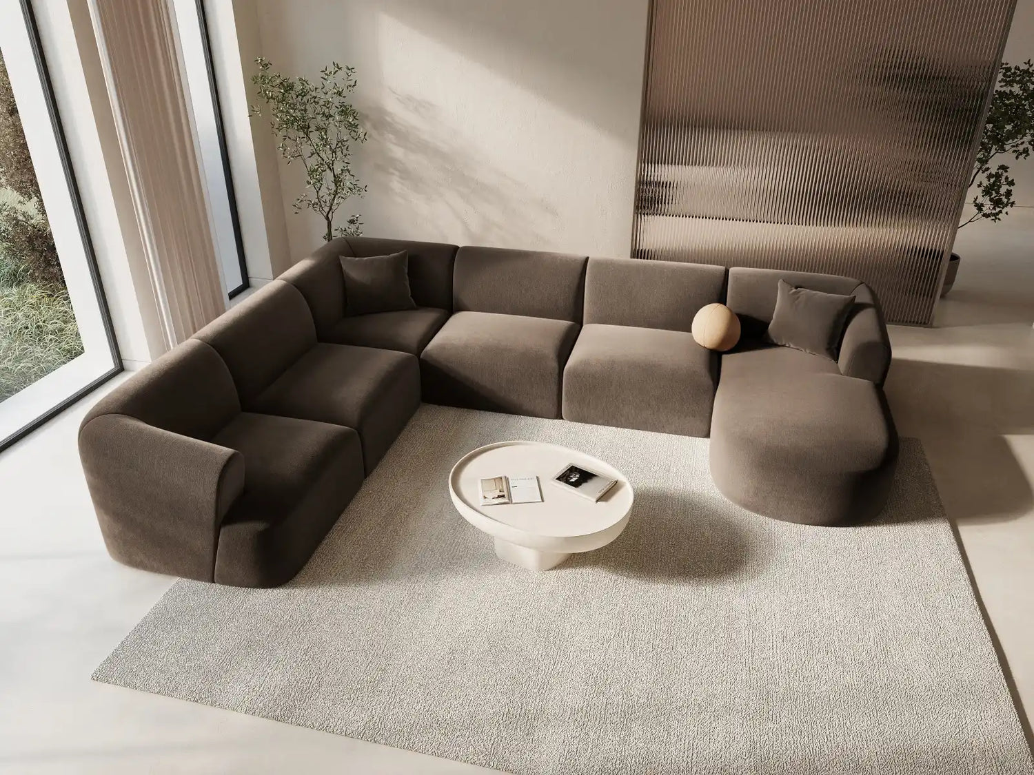 Campi 7-Sitzer Panorama Ecksofa, Linke Seite, aus Samt in Schokolade (Vogue 6), Beine aus Schwarzes Plastik, 330x255x70 cm von Cosmopolitan Design – Bild 2