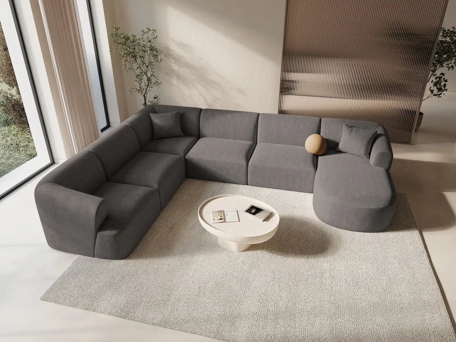 Campi 7-Sitzer Panorama Ecksofa, Linke Seite, aus Strukturierter Stoff in Grau (Moly 85), Beine aus Schwarzes Plastik, 330x255x70 cm von Cosmopolitan Design – Bild 2