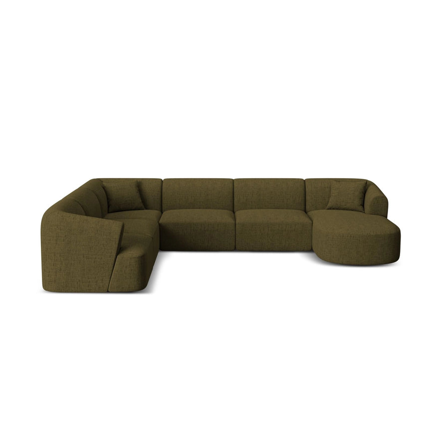 Campi 7-Sitzer Panorama Ecksofa, Linke Seite, aus Strukturierter Stoff in Grün (Moly 38), Beine aus Schwarzes Plastik, 330x255x70 cm von Cosmopolitan Design – Bild 1