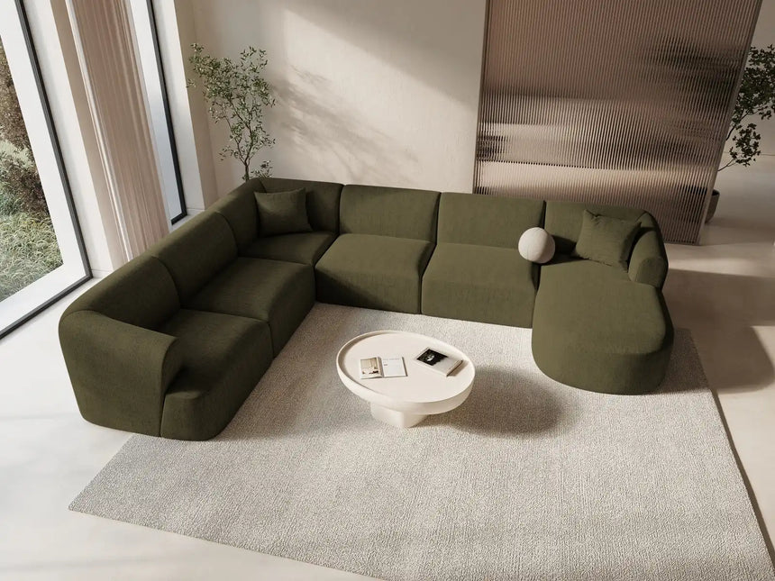 Campi 7-Sitzer Panorama Ecksofa, Linke Seite, aus Strukturierter Stoff in Grün (Moly 38), Beine aus Schwarzes Plastik, 330x255x70 cm von Cosmopolitan Design – Bild 2