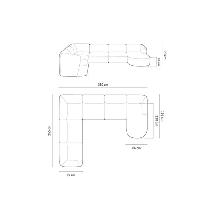 Campi 7-Sitzer Panorama Ecksofa, Linke Seite, aus Strukturierter Stoff in Ziegelstein (Moly 54), Beine aus Schwarzes Plastik, 330x255x70 cm von Cosmopolitan Design – Bild 3