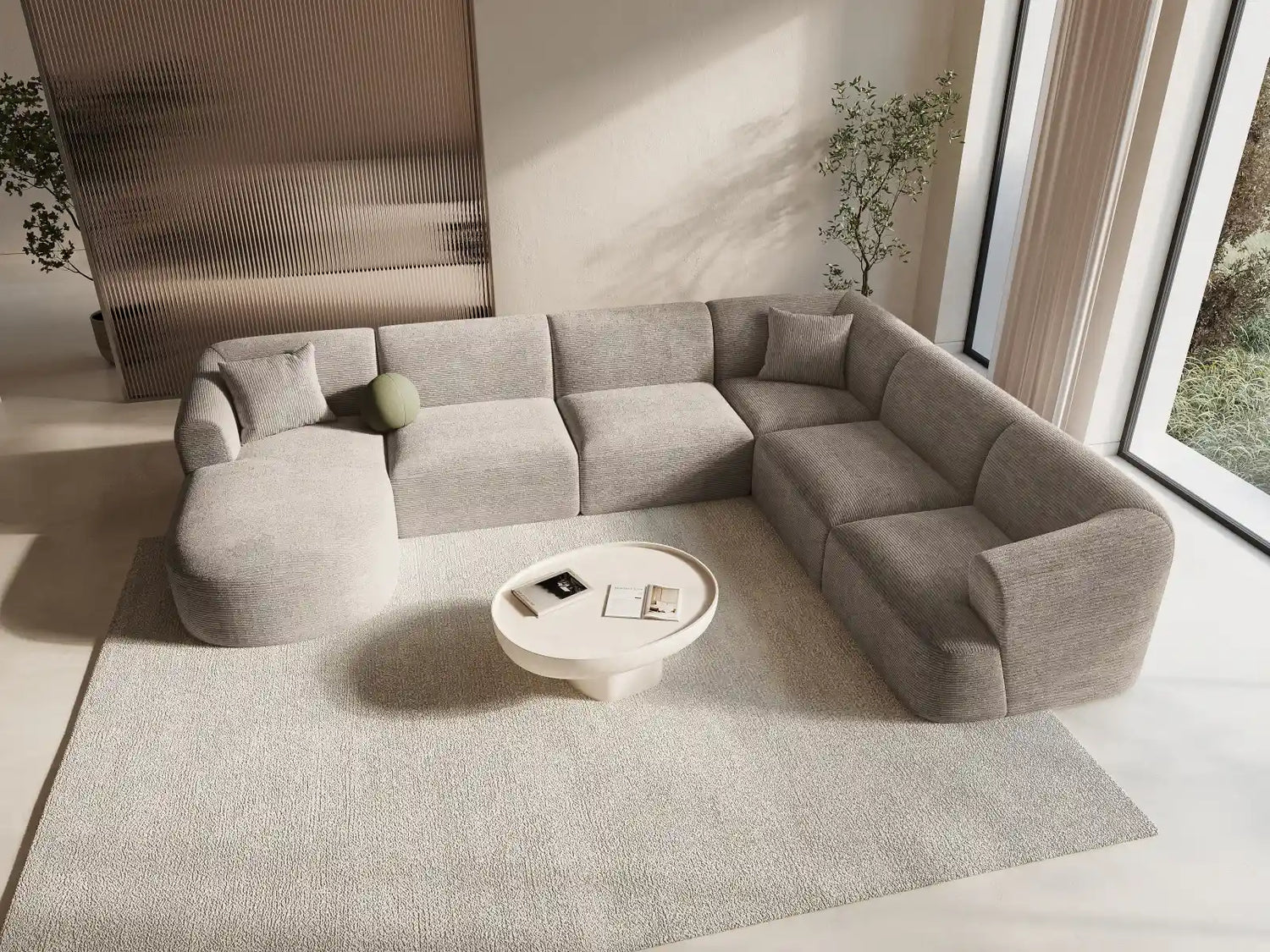 Campi 7-Sitzer Panorama Ecksofa, Rechte Seite, aus Cord in Cappuccino (Lincoln 09D), Beine aus Schwarzes Plastik, 330x255x70 cm von Cosmopolitan Design – Bild 2