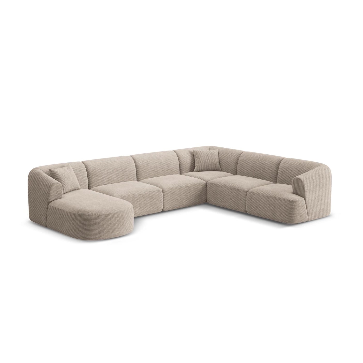 Campi 7-Sitzer Panorama Ecksofa, Rechte Seite, aus Cord in Cappuccino (Lincoln 09D), Beine aus Schwarzes Plastik, 330x255x70 cm von Cosmopolitan Design – Bild 4