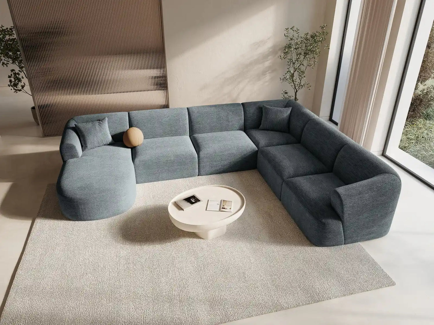 Campi 7-Sitzer Panorama Ecksofa, Rechte Seite, aus Cord in Dunkelgrau (Lincoln 94D), Beine aus Schwarzes Plastik, 330x255x70 cm von Cosmopolitan Design – Bild 2