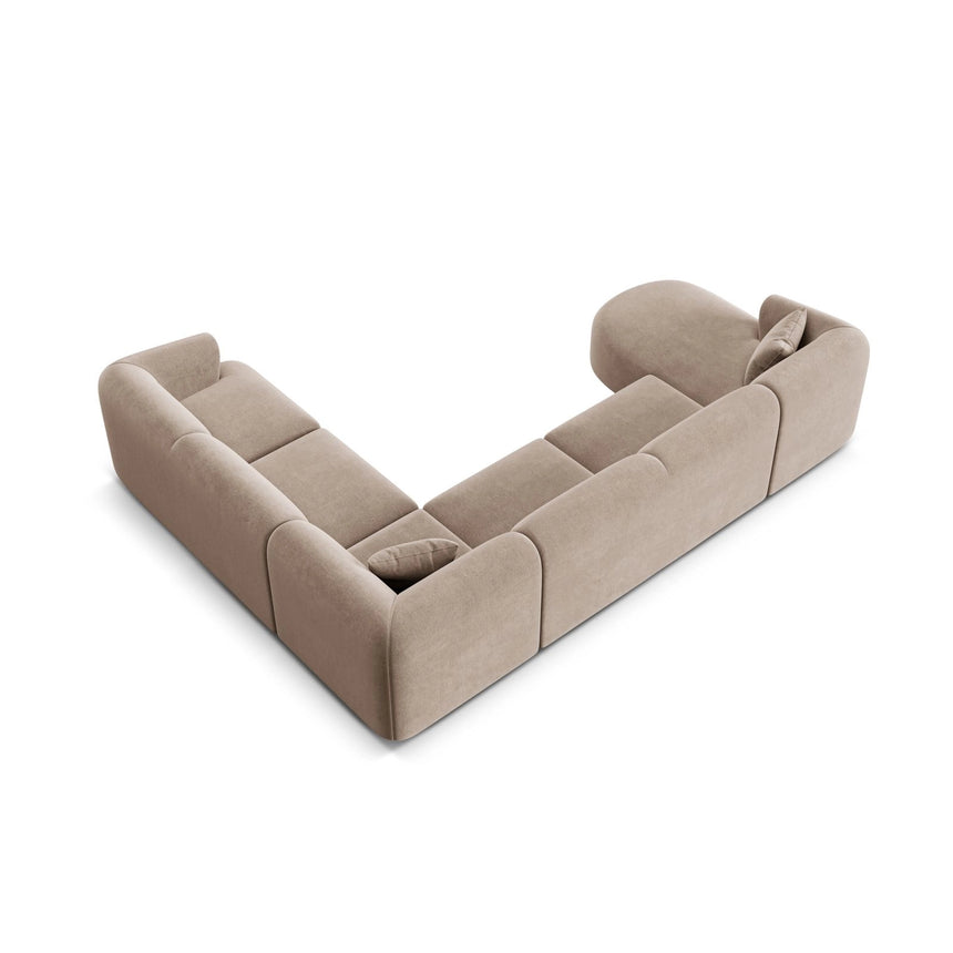 Campi 7-Sitzer Panorama Ecksofa, Rechte Seite, aus Samt in Dunkelbeige (Vogue 3), Beine aus Schwarzes Plastik, 330x255x70 cm von Cosmopolitan Design – Bild 6