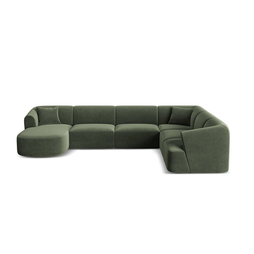 Campi 7-Sitzer Panorama Ecksofa, Rechte Seite, aus Samt in Grün (Vogue 11), Beine aus Schwarzes Plastik, 330x255x70 cm von Cosmopolitan Design – Bild 1