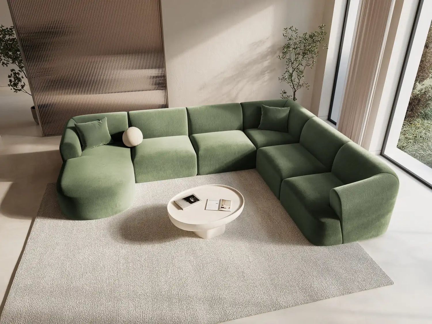 Campi 7-Sitzer Panorama Ecksofa, Rechte Seite, aus Samt in Grün (Vogue 11), Beine aus Schwarzes Plastik, 330x255x70 cm von Cosmopolitan Design – Bild 2