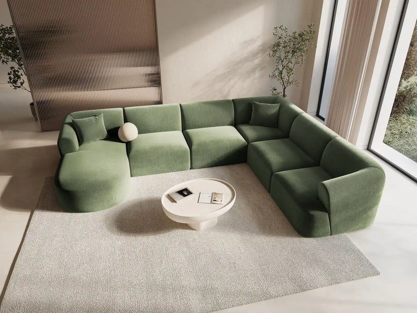Campi 7-Sitzer Panorama Ecksofa, Rechte Seite, aus Samt in Grün (Vogue 11), Beine aus Schwarzes Plastik, 330x255x70 cm von Cosmopolitan Design – Bild 2