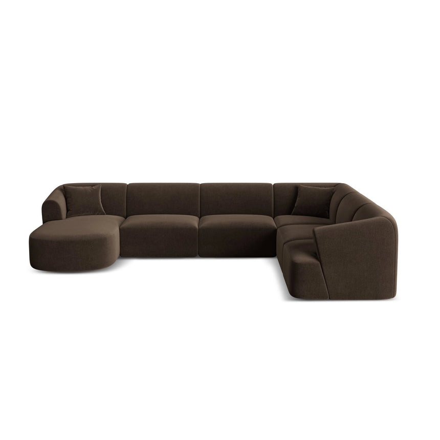 Campi 7-Sitzer Panorama Ecksofa, Rechte Seite, aus Samt in Schokolade (Vogue 6), Beine aus Schwarzes Plastik, 330x255x70 cm von Cosmopolitan Design – Bild 1