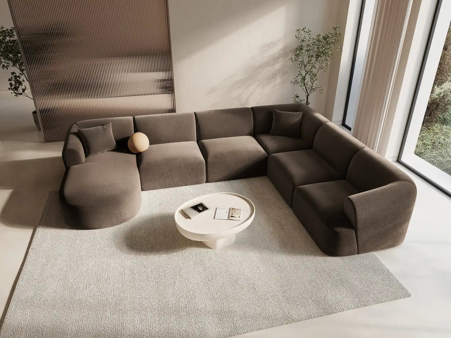 Campi 7-Sitzer Panorama Ecksofa, Rechte Seite, aus Samt in Schokolade (Vogue 6), Beine aus Schwarzes Plastik, 330x255x70 cm von Cosmopolitan Design – Bild 2