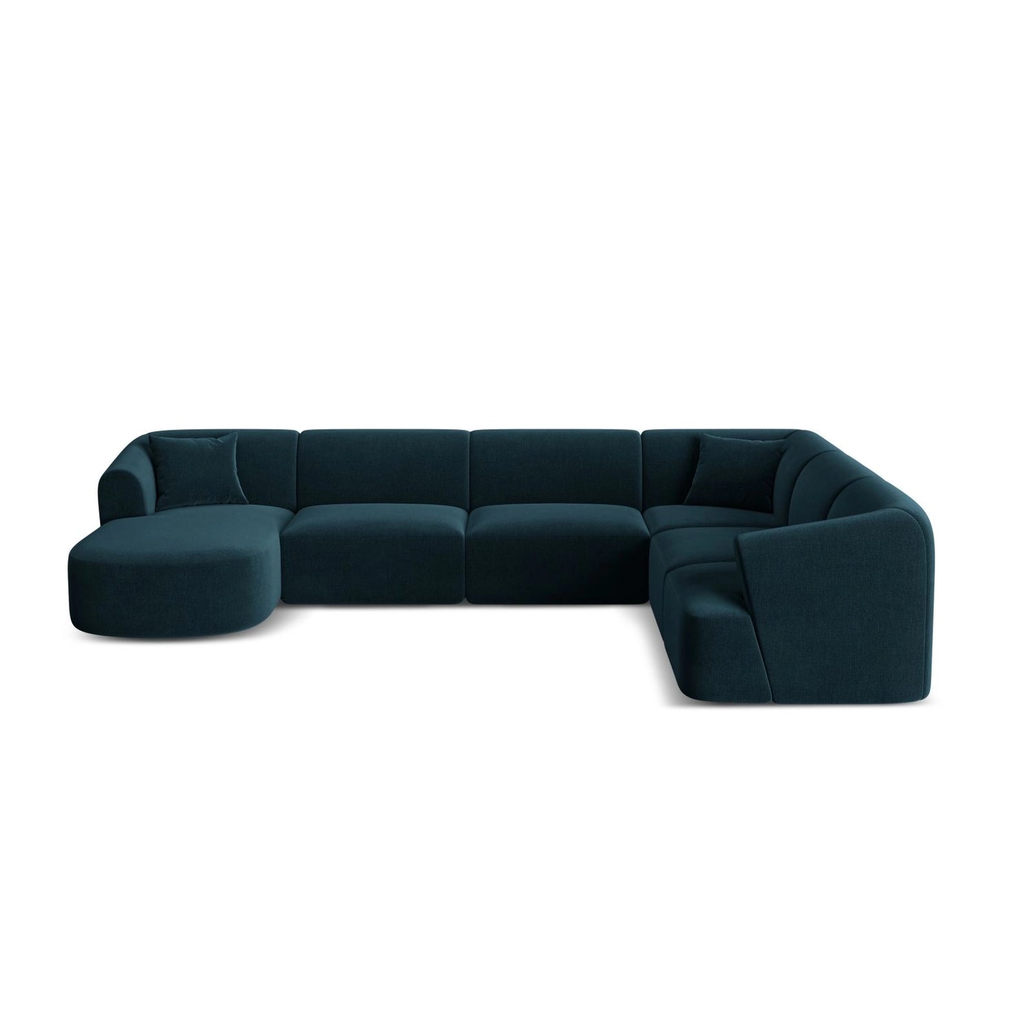 Campi 7-Sitzer Panorama Ecksofa, Rechte Seite, aus Samt in Tiefes Petrol (Vogue 13), Beine aus Schwarzes Plastik, 330x255x70 cm von Cosmopolitan Design – Bild 1