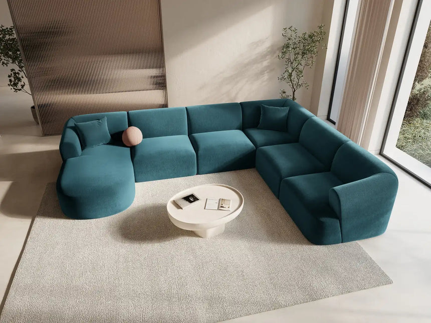 Campi 7-Sitzer Panorama Ecksofa, Rechte Seite, aus Samt in Tiefes Petrol (Vogue 13), Beine aus Schwarzes Plastik, 330x255x70 cm von Cosmopolitan Design – Bild 2