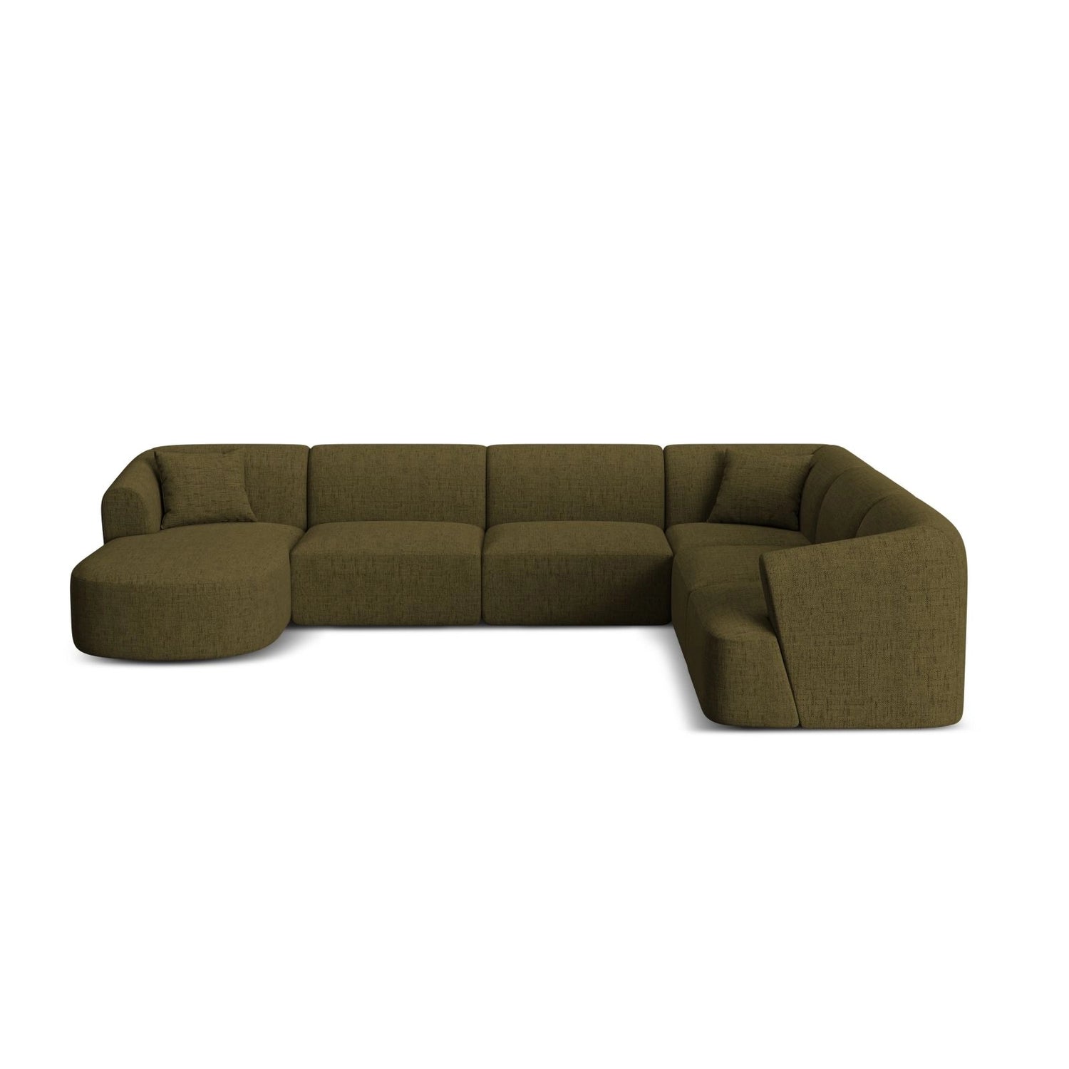 Campi 7-Sitzer Panorama Ecksofa, Rechte Seite, aus Strukturierter Stoff in Grün (Moly 38), Beine aus Schwarzes Plastik, 330x255x70 cm von Cosmopolitan Design – Bild 1