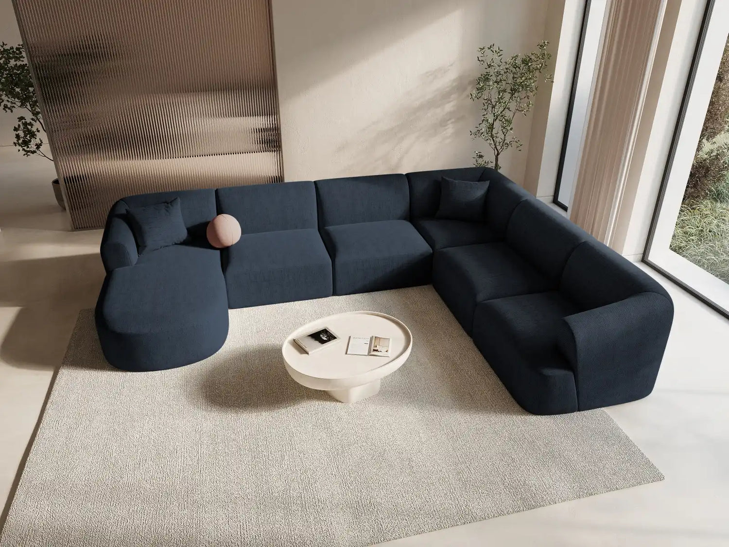 Campi 7-Sitzer Panorama Ecksofa, Rechte Seite, aus Strukturierter Stoff in Königsblau (Moly 79), Beine aus Schwarzes Plastik, 330x255x70 cm von Cosmopolitan Design – Bild 2