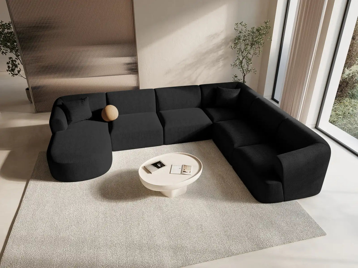 Campi 7-Sitzer Panorama Ecksofa, Rechte Seite, aus Strukturierter Stoff in Schwarz (Moly 99), Beine aus Schwarzes Plastik, 330x255x70 cm von Cosmopolitan Design – Bild 2