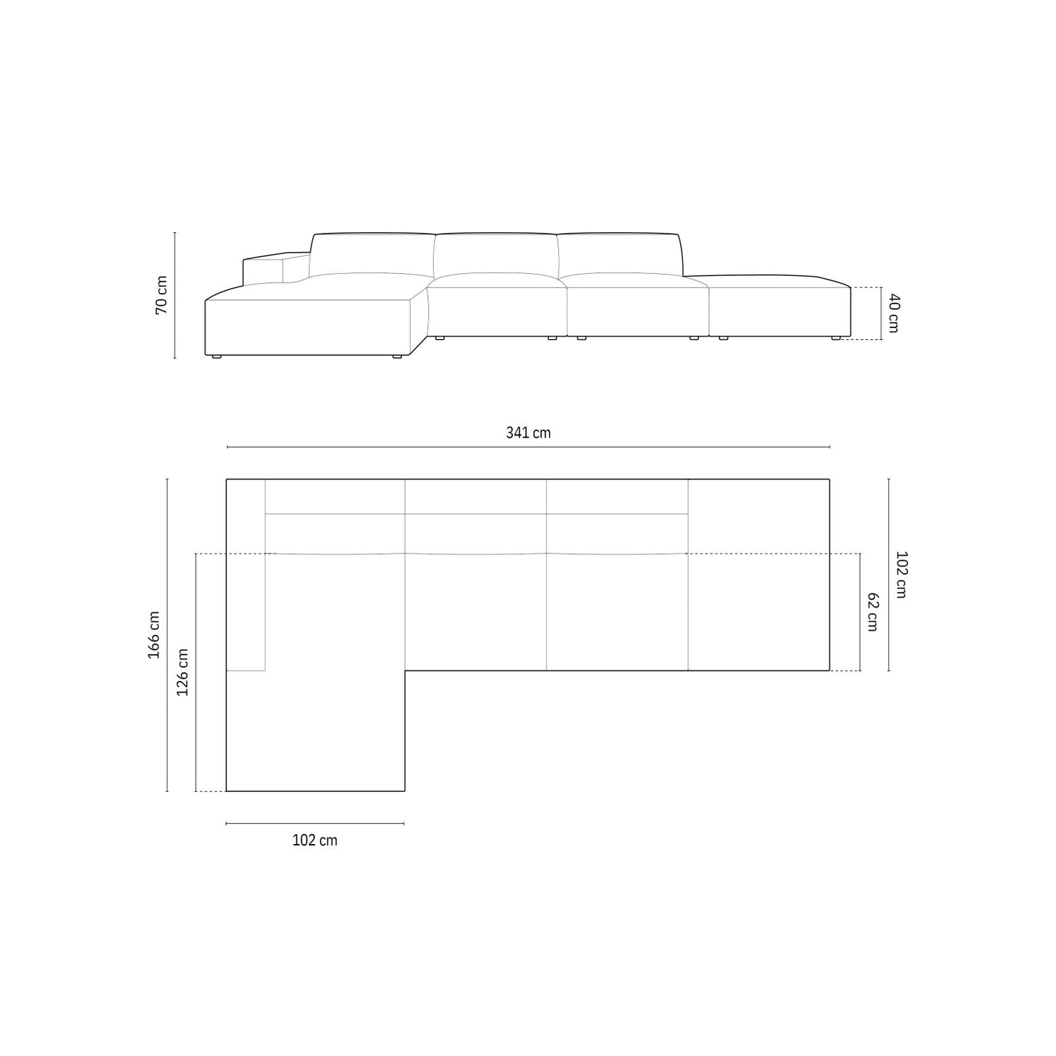 Chicago 5-Sitzer Ecksofa, Linke Seite, aus Samt oder Chenille, 341x166x70 cm von Cosmopolitan Design – Bild 2